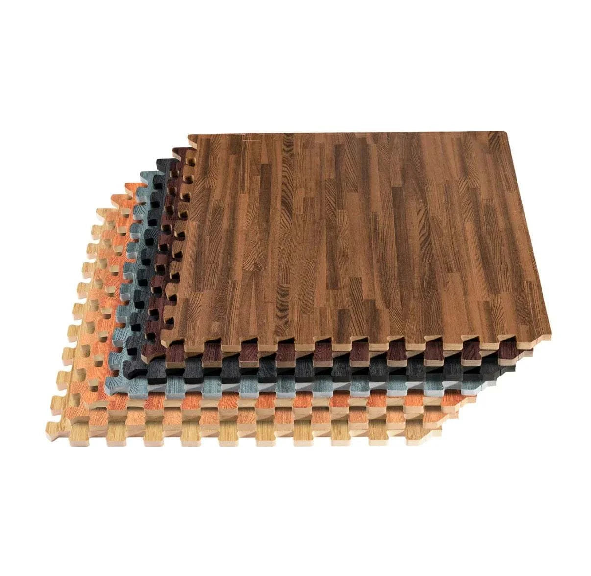Stack of 5/8 inch thick wood floor printed foam mats in various shades for trade show booths