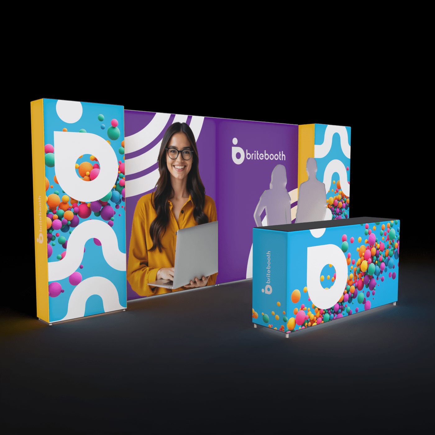 Modular 20ft backlit trade show display with LED illuminated panels and branded counter